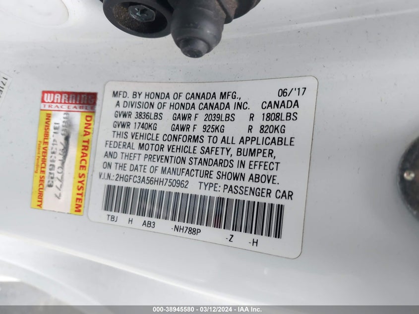 VIN 2HGFC3A56HH750962 2017 HONDA CIVIC SI