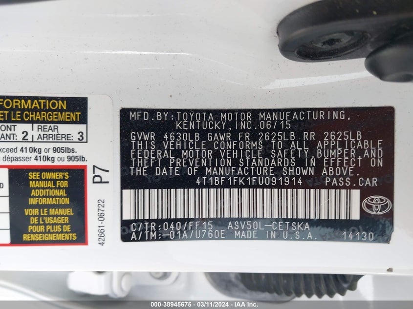 2015 TOYOTA CAMRY LE/XLE/SE/XSE - 4T1BF1FK1FU091914