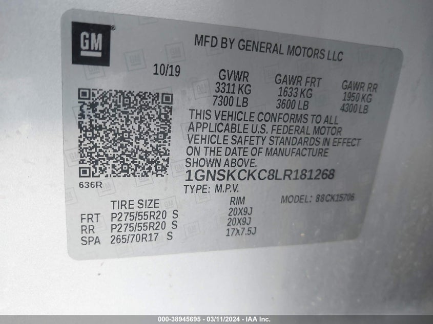 2020 CHEVROLET TAHOE K1500 PREMIER - 1GNSKCKC8LR181268