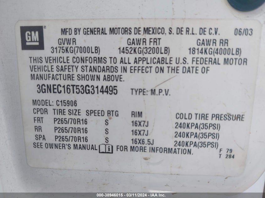 3GNEC16T53G314495 2003 Chevrolet Suburban 1500 Ls