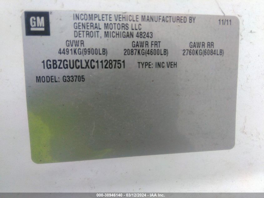 2012 Chevrolet Express 3500 Diesel VIN: 1GBZGUCLXC1128751 Lot: 41547807