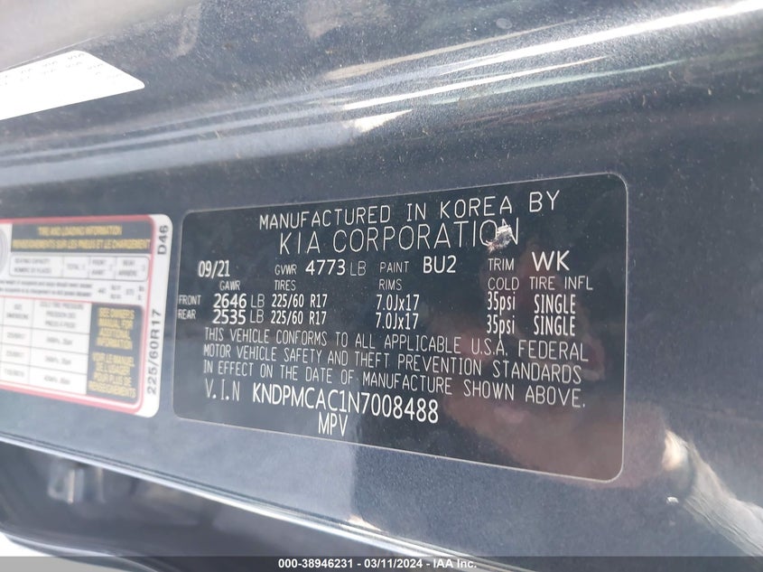 VIN KNDPMCAC1N7008488 2022 KIA SPORTAGE LX