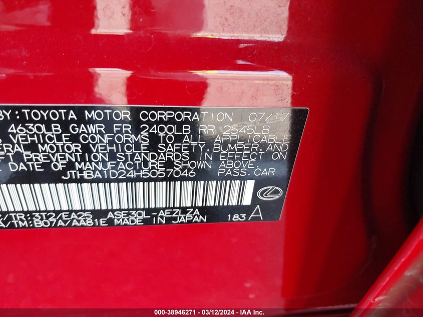 VIN JTHBA1D24H5057046 2017 LEXUS IS 200T
