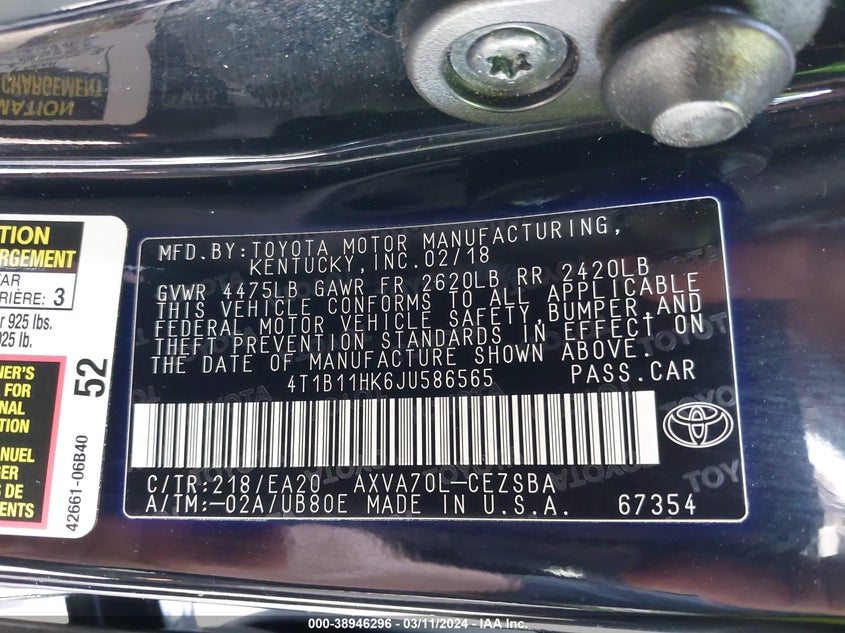 2018 TOYOTA CAMRY SE - 4T1B11HK6JU586565