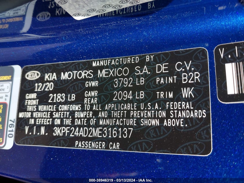 VIN 3KPF24AD2ME316137 2021 KIA FORTE FE/LXS