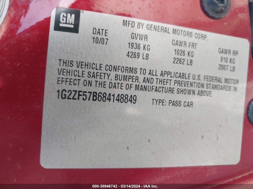 1G2ZF57B684148849 | 2008 PONTIAC G6