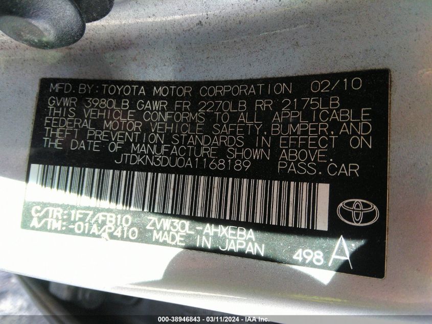 JTDKN3DU0A1168189 | 2010 TOYOTA PRIUS