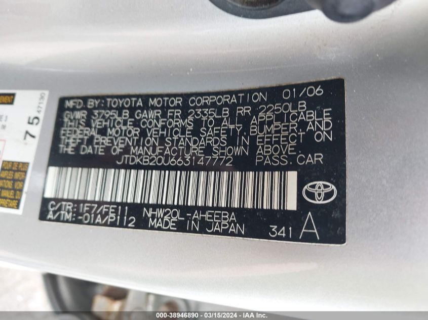 JTDKB20U663147772 | 2006 TOYOTA PRIUS