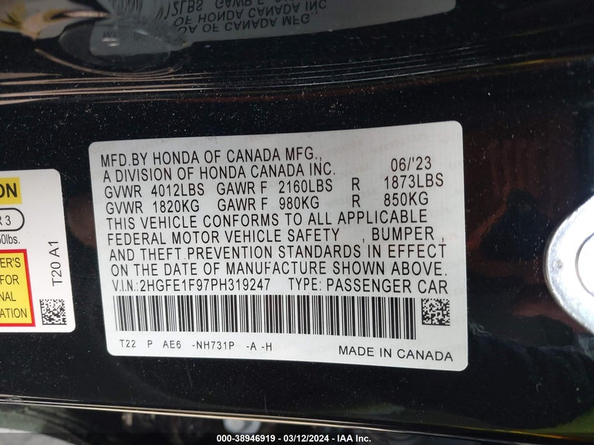 VIN 2HGFE1F97PH319247 2023 HONDA CIVIC TOURING