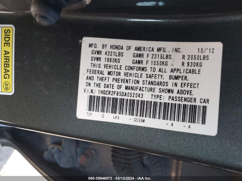 1HGCR2F85DA052043 | 2013 HONDA ACCORD