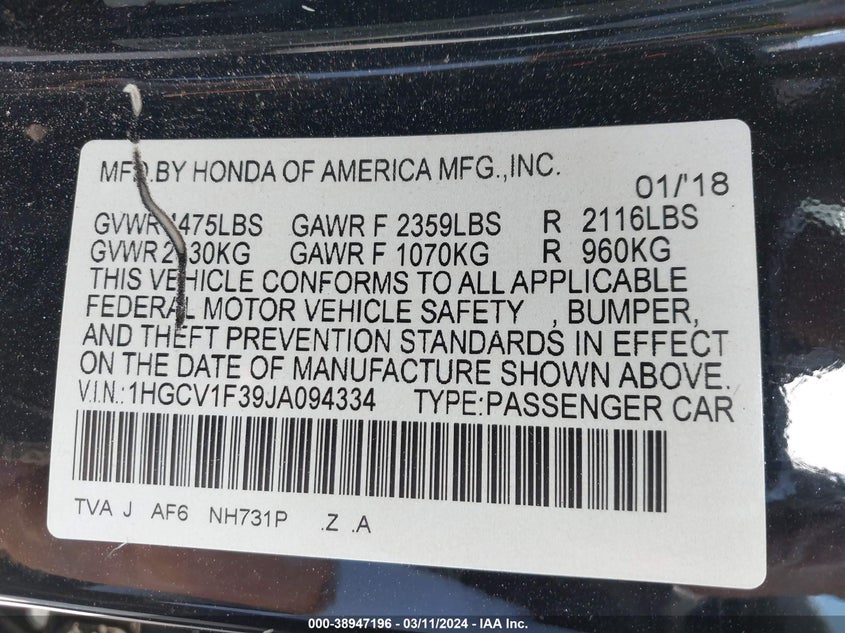 VIN 1HGCV1F39JA094334 2018 HONDA ACCORD SPORT