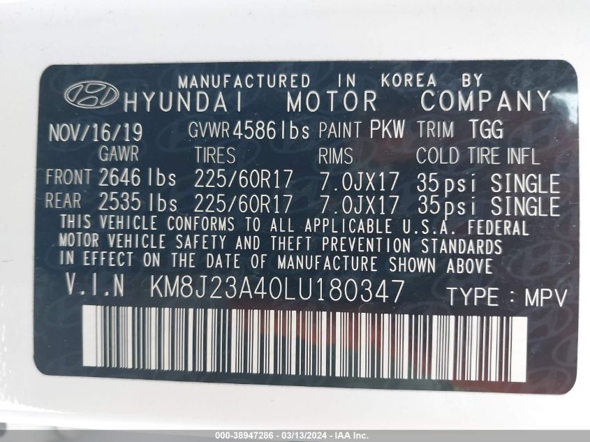 VIN KM8J23A40LU180347 2020 HYUNDAI TUCSON no.9