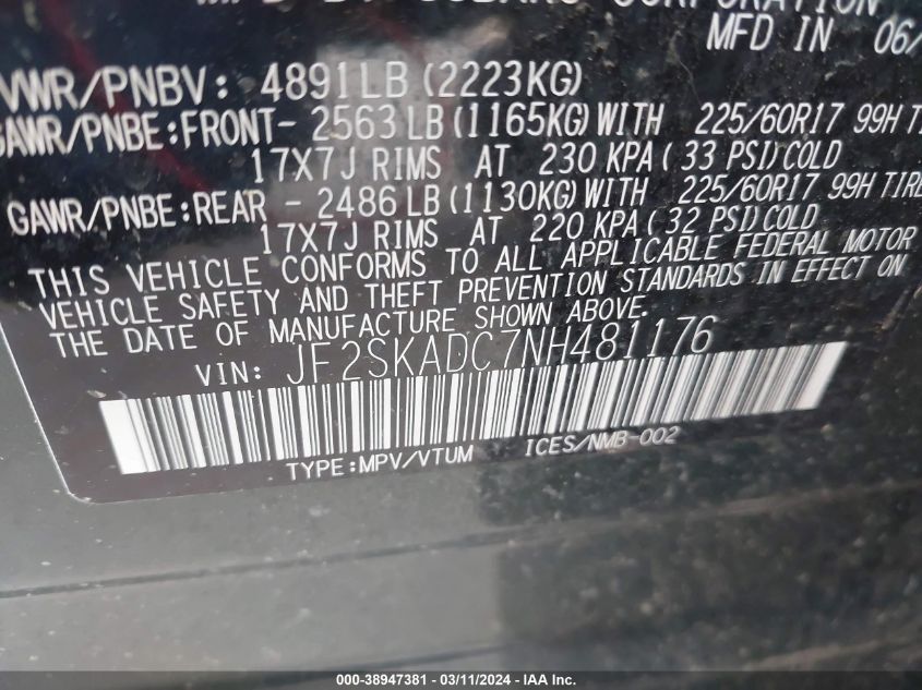 JF2SKADC7NH481176 2022 Subaru Forester Premium