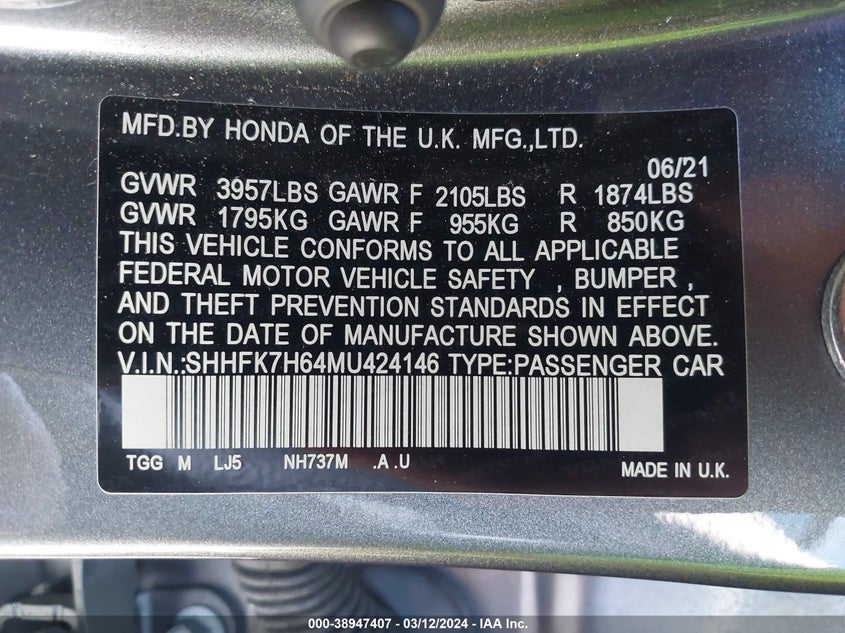2021 HONDA CIVIC VIN: SHHFK7H64MU424146