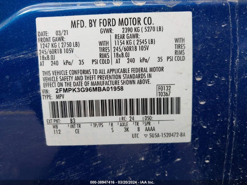 2021 Ford Edge Se VIN: 2FMPK3G96MBA01958 Lot: 38947416