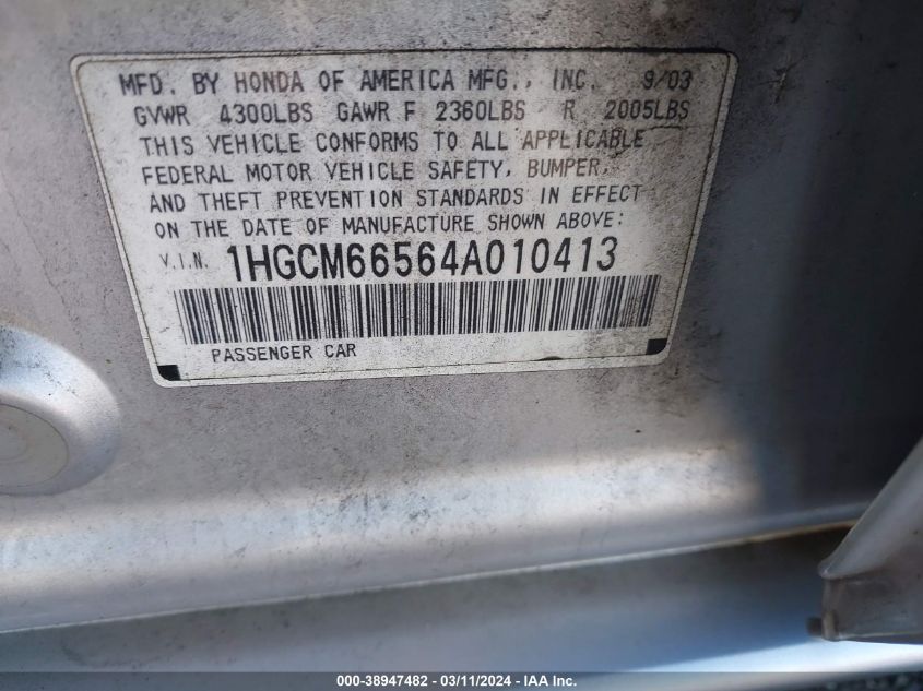 1HGCM66564A010413 | 2004 HONDA ACCORD