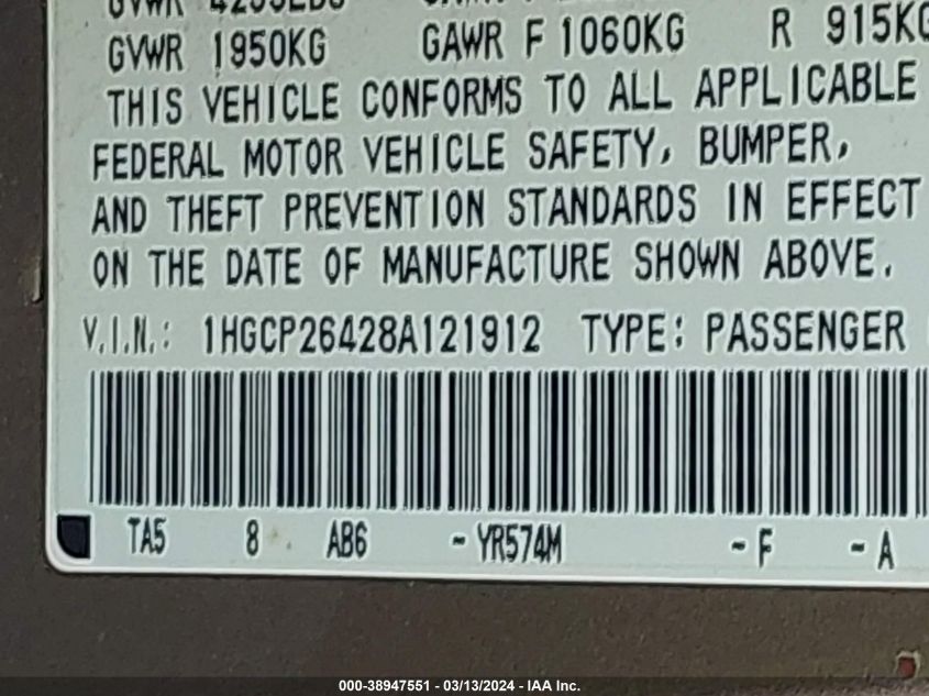 1HGCP26428A121912 | 2008 HONDA ACCORD