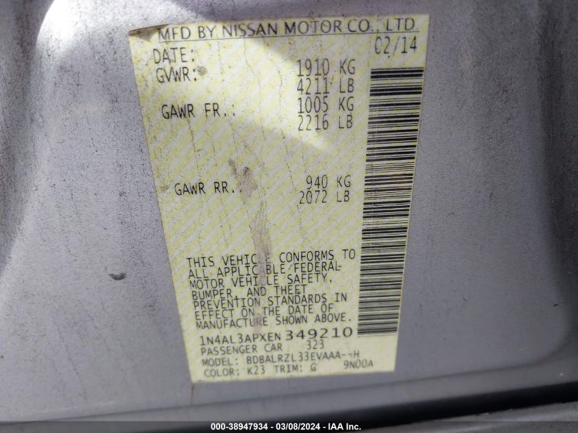 1N4AL3APXEN349210 2014 Nissan Altima 2.5 S