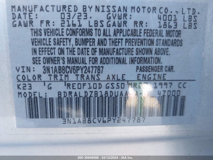 VIN 3N1AB8CV6PY247787 2023 NISSAN SENTRA SV