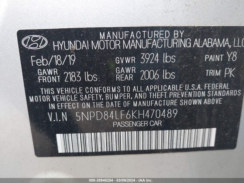 2019 Hyundai Elantra Sel VIN: 5NPD84LF6KH470489 Lot: 38948254