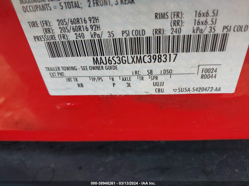 VIN MAJ6S3GLXMC398317 2021 FORD ECOSPORT SE