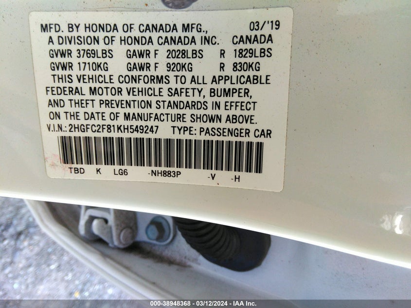 VIN 2HGFC2F81KH549247 2019 HONDA CIVIC SPORT