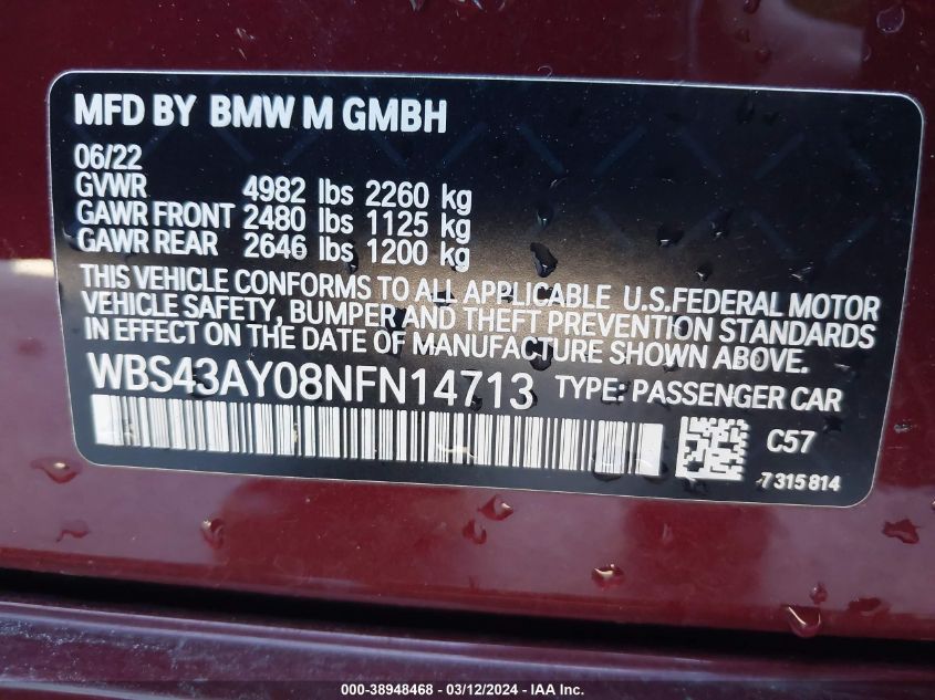 WBS43AY08NFN14713 2022 BMW M3 Competition xDrive