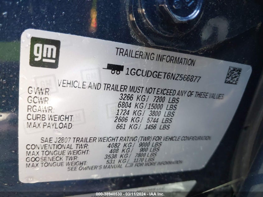 2022 CHEVROLET SILVERADO 1500 3.0L I-6 DI, DOHC, V(VIN: 1GCUDGET6NZ566877