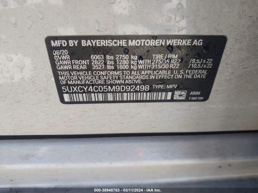 VIN 5UXCY4C05M9D92498 2021 BMW X6, Sdrive40I no.9