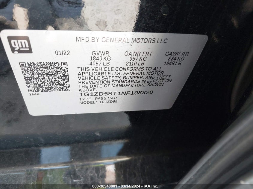VIN 1G1ZD5ST1NF108320 2022 CHEVROLET MALIBU FWD LT