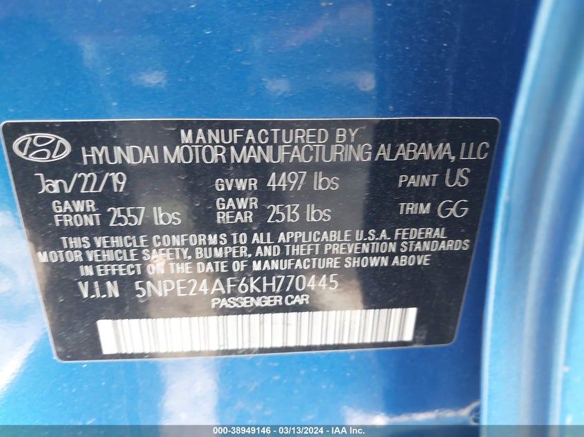 VIN 5NPE24AF6KH770445 2019 HYUNDAI SONATA SE