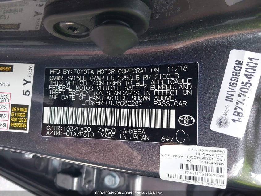 2018 TOYOTA PRIUS - JTDKBRFU1J3082287