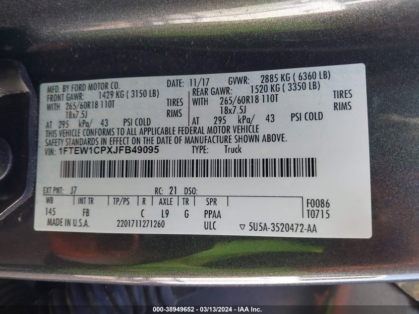 VIN 1FTEW1CPXJFB49095 2018 FORD F-150 XLT