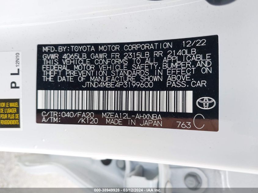 2023 Toyota Corolla Se VIN: JTND4MBE4P3199600 Lot: 38949928