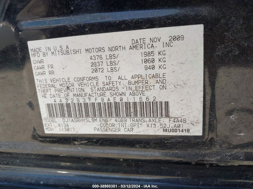 2010 Mitsubishi Galant Es/Se VIN: 4A32B3FF9AE011662 Lot: 38950351