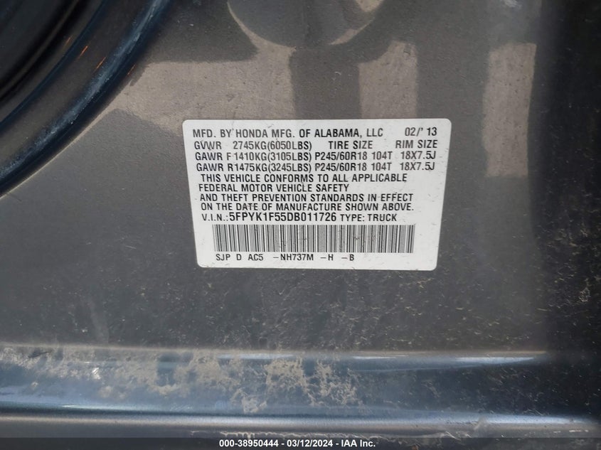 2013 HONDA RIDGELINE RTL - 5FPYK1F55DB011726