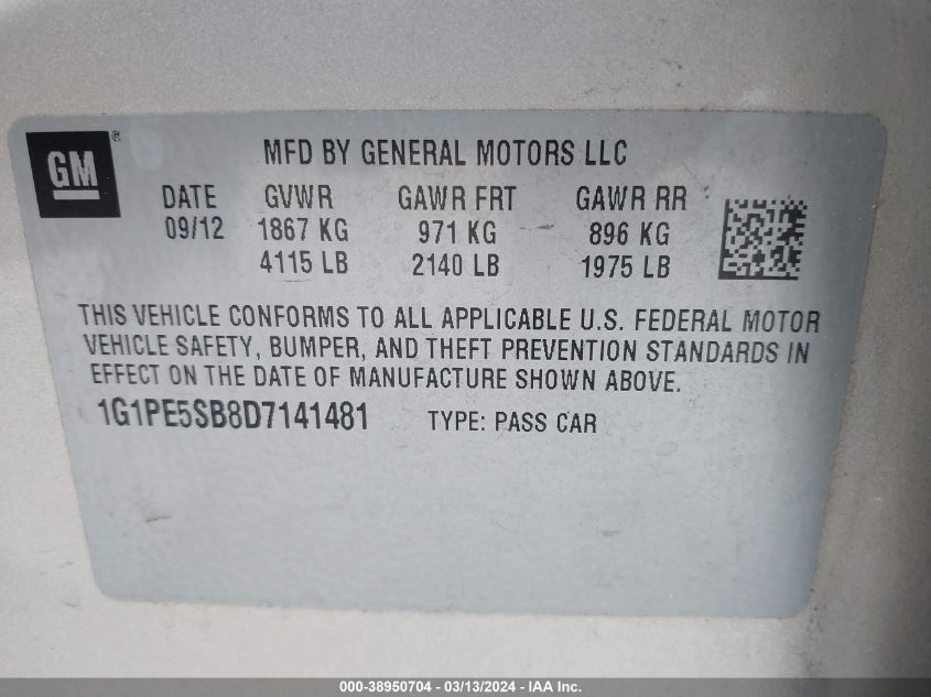 2013 Chevrolet Cruze 2Lt Auto VIN: 1G1PE5SB8D7141481 Lot: 39256151