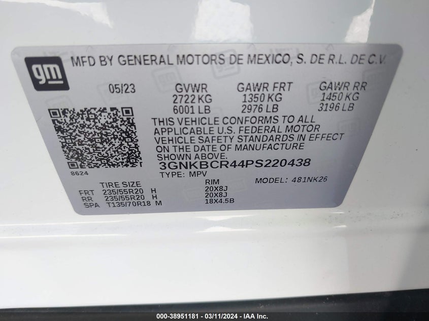 VIN 3GNKBCR44PS220438 2023 CHEVROLET BLAZER FWD 2LT