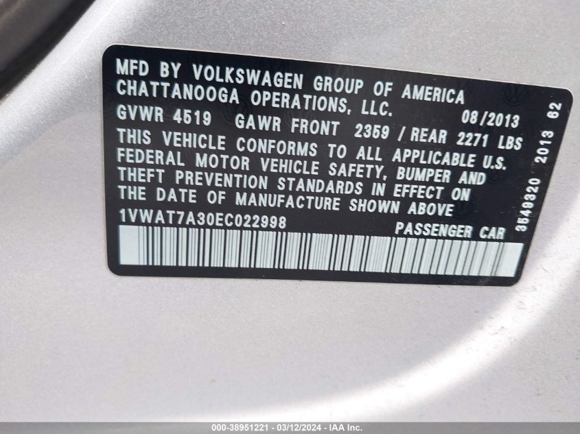 2014 Volkswagen Passat 1.8T Wolfsburg Edition VIN: 1VWAT7A30EC022998 Lot: 38951221