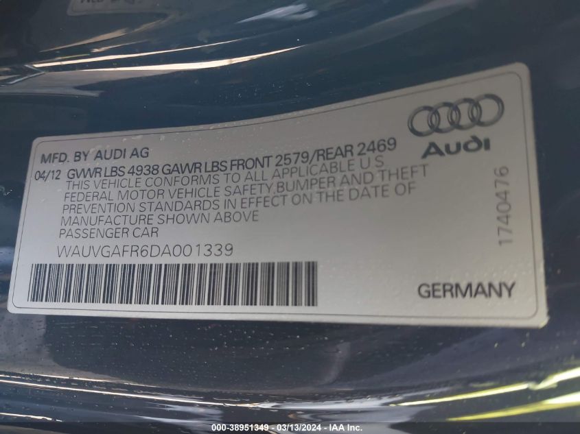 WAUVGAFR6DA001339 2013 Audi S5 3.0T Premium Plus