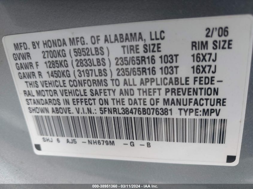 2006 Honda Odyssey Ex VIN: 5FNRL38476B076381 Lot: 38951360