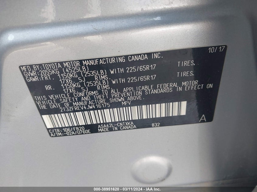 VIN 2T3ZFREV4JW416175 2018 TOYOTA RAV4 LE