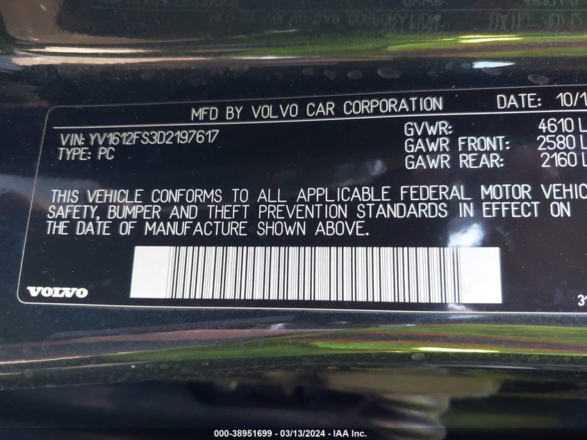 2013 VOLVO S60 T5/T5 PLATINUM/T5 PREMIER/T5 PREMIER PLUS - YV1612FS3D2197617