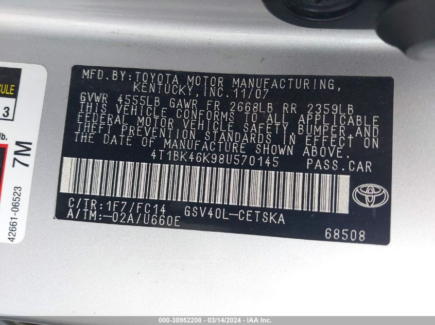 4T1BK46K98U570145 2008 Toyota Camry Se V6