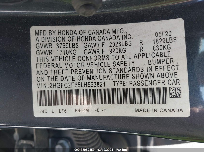 2020 HONDA CIVIC LX - 2HGFC2F65LH553821