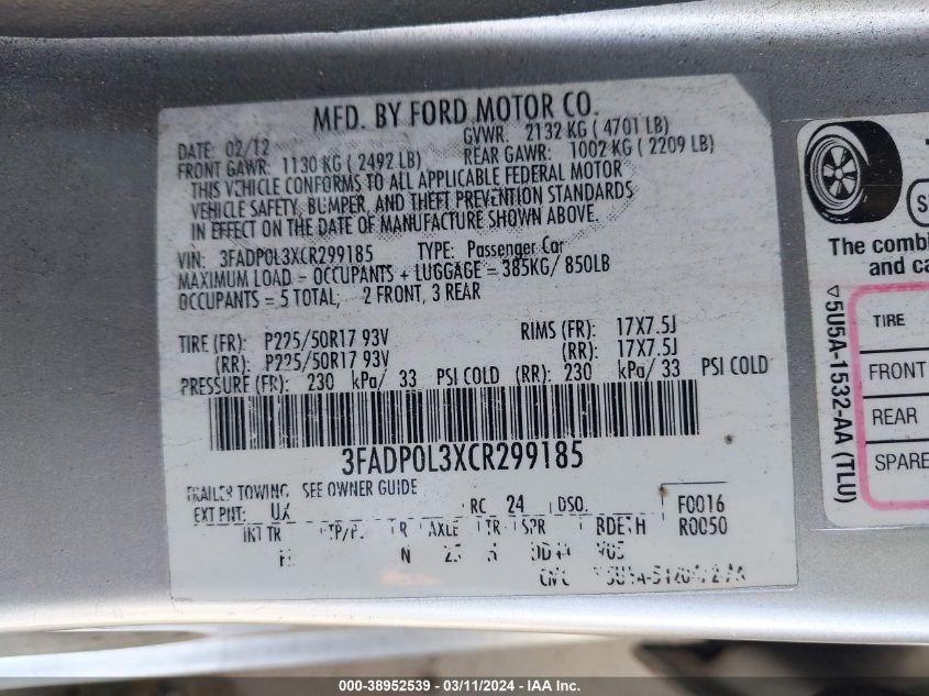 3FADP0L3XCR299185 | 2012 FORD FUSION HYBRID