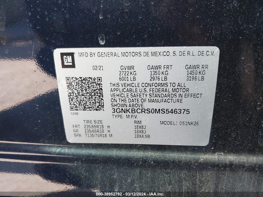 VIN 3GNKBCRS0MS546375 2021 CHEVROLET BLAZER FWD 2LT