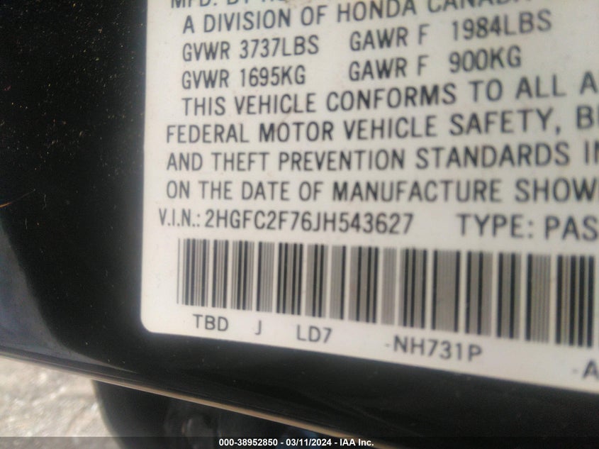 VIN 2HGFC2F76JH543627 2018 HONDA CIVIC EX