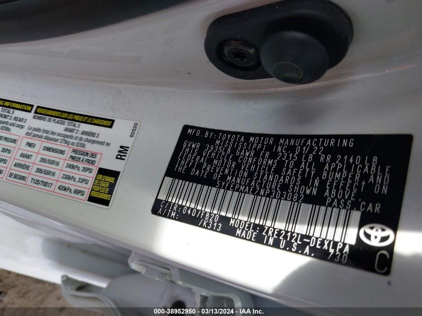 2022 TOYOTA COROLLA LE - 5YFEPMAE7NP303082