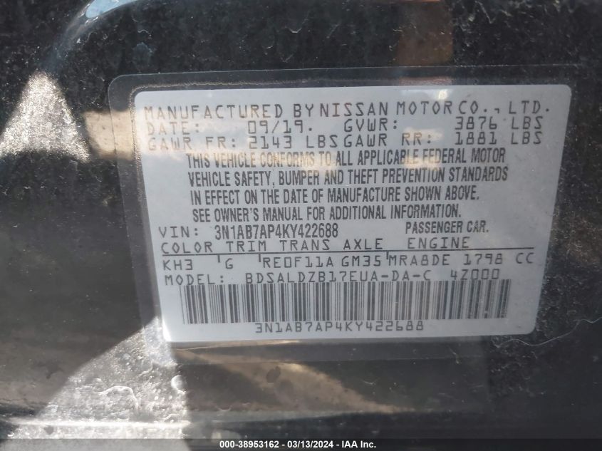 3N1AB7AP4KY422688 | 2019 NISSAN SENTRA